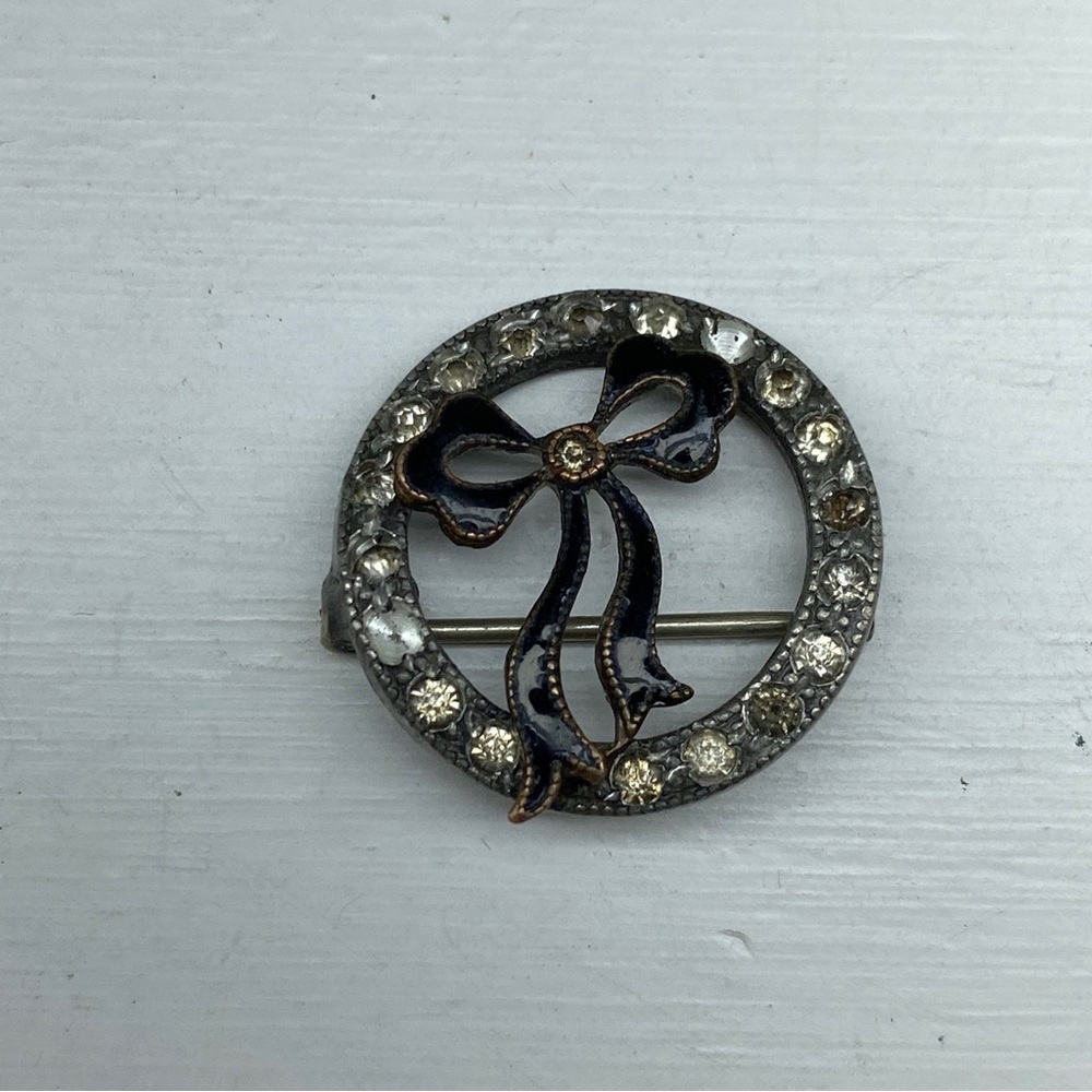 Vintage Victorian Sterling Rhinestone And Black Enameled Bow Brooch